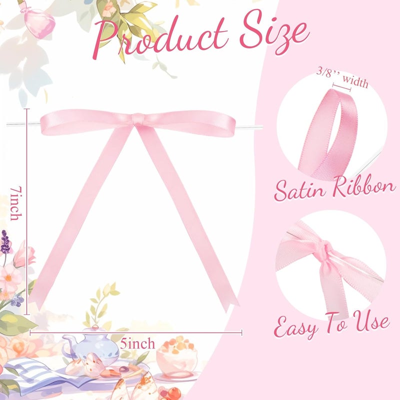 Riceshoot Store Pink 50 Pcs Stain Ribbon Bows 5x7 Inch Twist Tie Bows for Gift Wrapping Cake Treat Bags Craft DIY Gift Wedding Baby Shower Birthday Party Decorations - Image 2